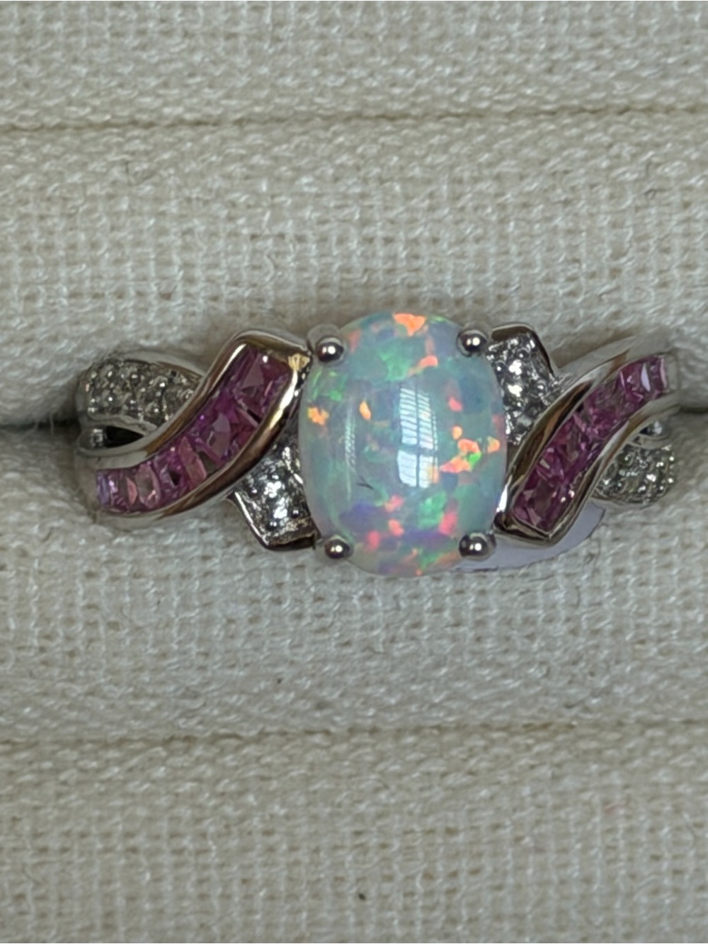 NWT Lab Created Opal, Pink and White Sapphire Ring Size 7 In Sterling Silver